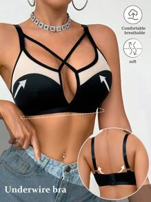 SHEIN Sutien fără fereastră pentru femei, cu decupaj încrucișat, blocuri de culoare, 1 buc. - Negru - Vizualizare 3