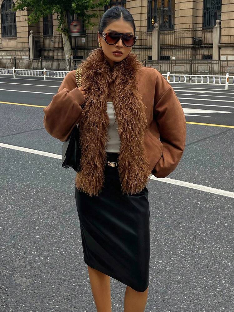 Women's Loose Casual Street Style Plush Patchwork Short Jacket, Thick Thermal Lining, Autumn/Winter Women Coats