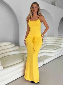 Roylia 2pcs/Set Vacation Style Beaded Spaghetti Strap Camisole & High Waist Bodycon Skirt For Women, Versatile - Yellow - View 4