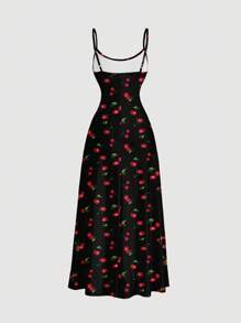 SHEIN MOD 休闲简约褶饰腰部摆下摆吊带连衣裙，喇叭下摆，樱桃印花，适合夏季 - 彩色 - 查看 2