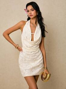 Poéselle Women's Vacation Sexy Backless Sequin Mini Halter Dress - Apricot - View 2