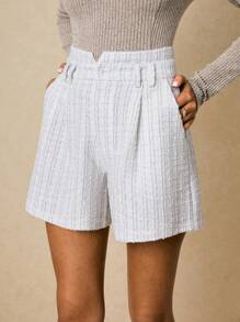 Poéselle Women High Waist Pleated Relaxed Elegant Shorts - White - View 6