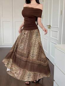 DAZY 女士两件套：宽松领口上衣和半裙，休闲露肩上衣 - 彩色 - 查看 4