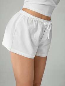 SHEIN Tall 2件組女款新款亞麻條紋短褲，適合高個女性 - 彩色 - 查看 4