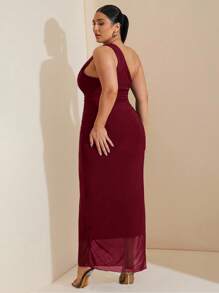 SHEIN BAE 女士大码服装 婚纱 伴娘礼服 派对礼服 约会礼服 节日礼服 大码女装 夏季 大码夏装，优雅节日派对礼服，生日礼服，情人节，缎面连衣裙，不对称露肩单肩连衣裙 大码夏装，不对称领口，褶皱腰侧开衩长款女装 - 酒紅色 - 查看 2