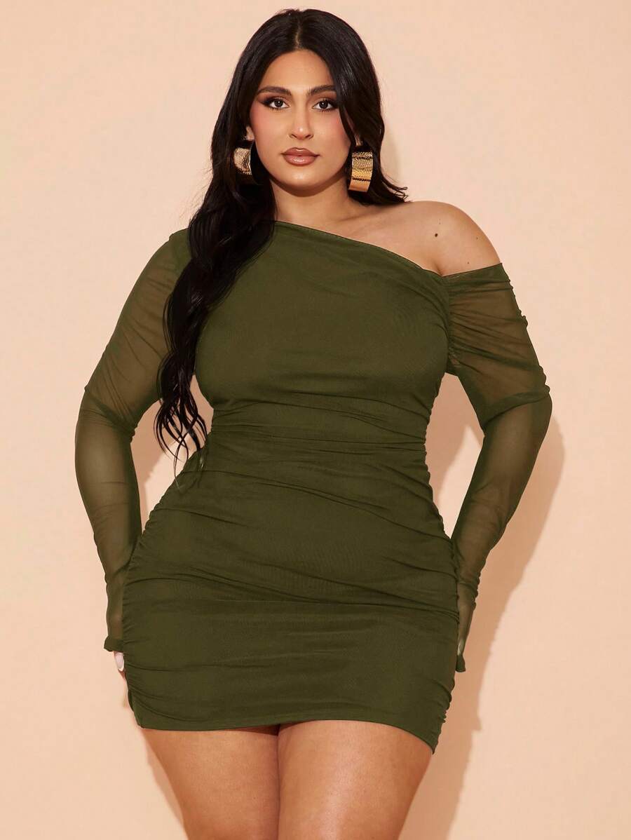 SHEIN BAE Đầm lưới ôm sát dài tay màu đen bất đối xứng vai dành cho nữ cỡ lớn, gợi cảm, thích hợp mặc hàng ngày, đi chơi, hẹn hò, tiệc trà chiều, kỳ nghỉ, mùa xuân/thu, đi học, đi làm/ Đầm màu xanh ô liu cỡ lớn/ Đầm lưới cỡ lớn/ Đầm xếp ly màu xanh ô liu, đầm dự đám cưới cho nữ, quần áo mùa thu cho nữ, ngày lễ tình nhân, trang phục Valentine cho nữ - xanh quân đội - Xem 1