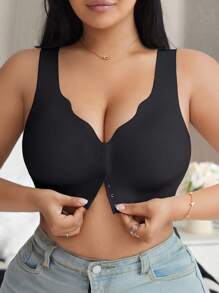 休闲舒适简约无缝波浪边宽肩带前扣女士加大码无钢圈文胸