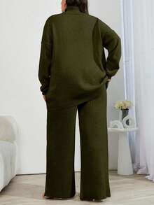 EURMUSE 2pcs High Neck Drop Shoulder Sweater And Ribbed Solid Color Sweater Pants - Army Green - View 2