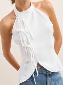 Nöista 夏季中国风领口亚麻条纹无袖蝴蝶结细节，饰有亚麻条纹和蝴蝶结细节！ - 白色 - 查看 5