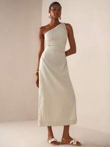 Zivah 2025 夏季新款休闲度假修身纯卡其色纹理编织单肩无袖侧褶女式长裙，通勤，海边，度假，旅行，邮轮，海滩，波西米亚风，游牧风，日常旅行，毕业，早午餐装，机场装，休闲，返校-A - 卡其色 - 查看 7