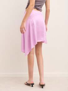 Nöista Pink Satin Mini Skirt With Lace Trim Detail And Asymmetric Hem. Made From Smooth, Lightweight Satin Fabric For A Silky Feel. Stylish, Feminine, Elegant, Party, Summer, Chic, Versatile, Comfortable. - Pink - View 2