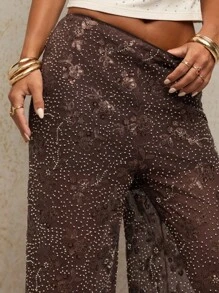 SHEIN BAE 女士花卉亮片装饰宽腿宽松优雅裤 - 棕色 - 查看 7