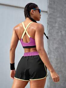 Powerista Bộ đồ thể thao tập luyện cho nữ mùa hè thường ngày màu tương phản chéo lưng và quần short - Bold Plum - Xem 2