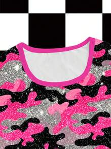 BiGraphic 粉色、迷彩、闪亮闪光效果、Y2K、运动、街头服饰、女式方领修身长袖 T 恤，适合秋冬季派对、聚会、度假、休闲装 粉色迷彩短款上衣 闪光迷彩上衣 闪亮迷彩上衣 Y2k 迷彩上衣 迷彩长袖短款上衣 - 彩色 - 查看 2