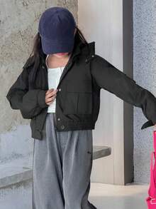 DAZY Tween Girls Hooded Solid Color Utility Pocket Padded Coat Winter - Black - View 3