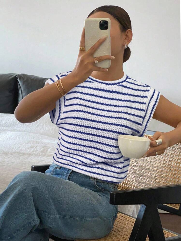 Siren Gaze Camiseta suelta de manga de murciélago con estampado de rayas, informal para mujer, de verano - Azul y blanco - Añade 3