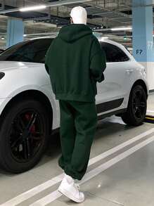 DAZY Men's Solid Green Color Hoodie Hooded Sweatshirt Set, For Autumn - Green - View 2