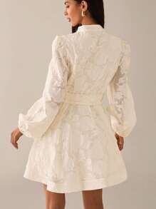 Lilora Elegant Sweet Jacquard Texture Premium Quality Stand Collar Cinched Waist Big A-Line Front Button Puff Lantern Sleeve Short Women's Dress, Spring/Summer Creme Dress Victorian Vintage Style Dress French Style Dress Ivory Dress Urban Style - Beige - View 2