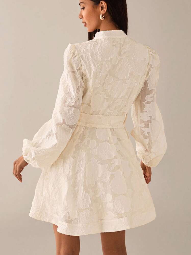 Lilora Elegant Sweet Jacquard Texture Premium Quality Stand Collar Cinched Waist Big A-Line Front Button Puff Lantern Sleeve Short Women's Dress, Spring/Summer Creme Dress Victorian Vintage Style Dress French Style Dress Ivory Dress Urban Style - Beige - View 2