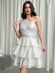 Firerie Váy ngắn lệch vai bằng vải tuyn Pompom nhiều lớp phong cách cổ tích lãng mạn thanh lịch, thích hợp cho các bữa tiệc và sự kiện, mùa hè - trắng - Xem 9
