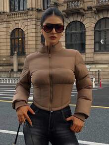 DAZY Vintage Solid Color Cinched Waist Padded Cropped Elegant Padded Coat For Women, Thick & Warm Autumn/Winter Jacket - Brown - View 6