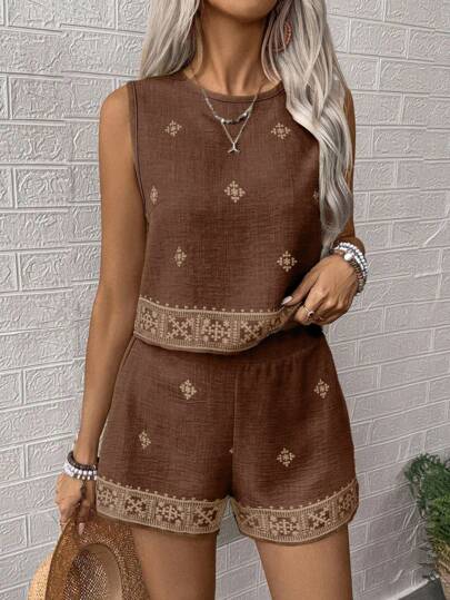 SHEIN LUNE 2pcs/Set Women Summer Floral Print Round Neck Sleeveless Shirt & Shorts Casual Set