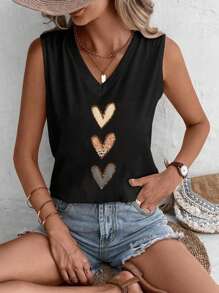 EMERY ROSE Plus Size Simple & Versatile Fitted Racer Back Tank Top With Leopard Print Heart Design, V-Neck, Suitable For Summer Back To School - Black - View 4
