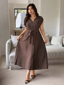 Vionelle 大码女式优雅休闲衬衫裙，立领，腰带，短袖，咖啡色，适合工作、度假、下午茶、音乐节 - 咖啡棕 - 查看 3
