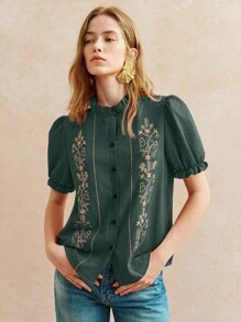 Écloséra 时尚优雅日常百搭荷叶边短袖风琴边刺绣红色女式春夏衬衫 - 墨綠色 - 查看 3