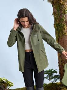 In My Nature Women's Casual Daily Fall Letter Pattern Zipper Front Drawstring Hooded Outdoor Jacket, Waterproof Rain Jacket - Army Green - View 4