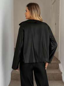 SHEIN LUNE 秋季女士宽松休闲黑色 PU 皮夹克，适合秋冬商务场合 - 黑色 - 查看 5