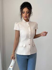 Elenzga 女士优雅收腰泡泡袖衬衫，夏季