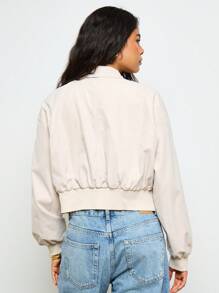 AiiRZ Lightweight Cropped Bomber Jacket Classic Zip Up Stand Collar All Season Modern Minimalist Style Long Sleeve Elastic Ribbed Hem Casual Contemporary Daily Wear Fashion Essential