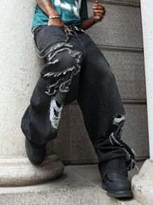 PAVTROS 美式街头时尚刺绣磨边黑色宽松阔腿牛仔裤，Emo风格