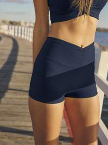 Aralina Leisurewear Summer Yellow Ruche Front Bike Short Ruffle Top Two Pieces Set - Navy Blue - View 6