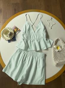 Comfortcana 女士夏季休闲梭织蓝色背心和短裤度假套装 - 綠色 - 查看 6