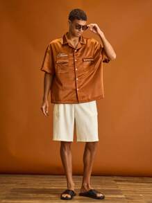 Musero 男士真丝短袖立领刺绣品牌细节衬衫纽扣前袋夏季假日休闲