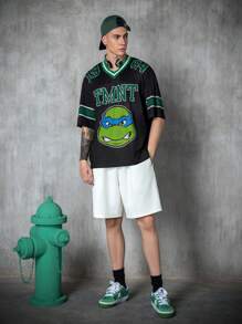 TEENAGE MUTANT NINJA TURTLES | SHEIN Men's Casual Contrast Cartoon Turtle Print V-Neck Mesh Short Sleeve T-Shirt, Summer - Black - View 3