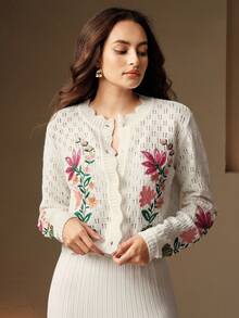 Anewsta Women's Floral Embroidery Hollow Out Long Sleeve Single-Breasted Cardigan - White - View 3