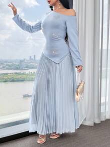 Feyla Robe à manches longues pour femmes avec encolure asymétrique et cravate taille