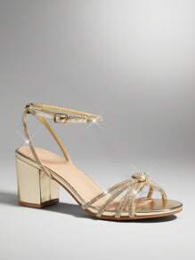 SHUZIA 女士舒适杏仁头粗跟踝带水钻派对鞋