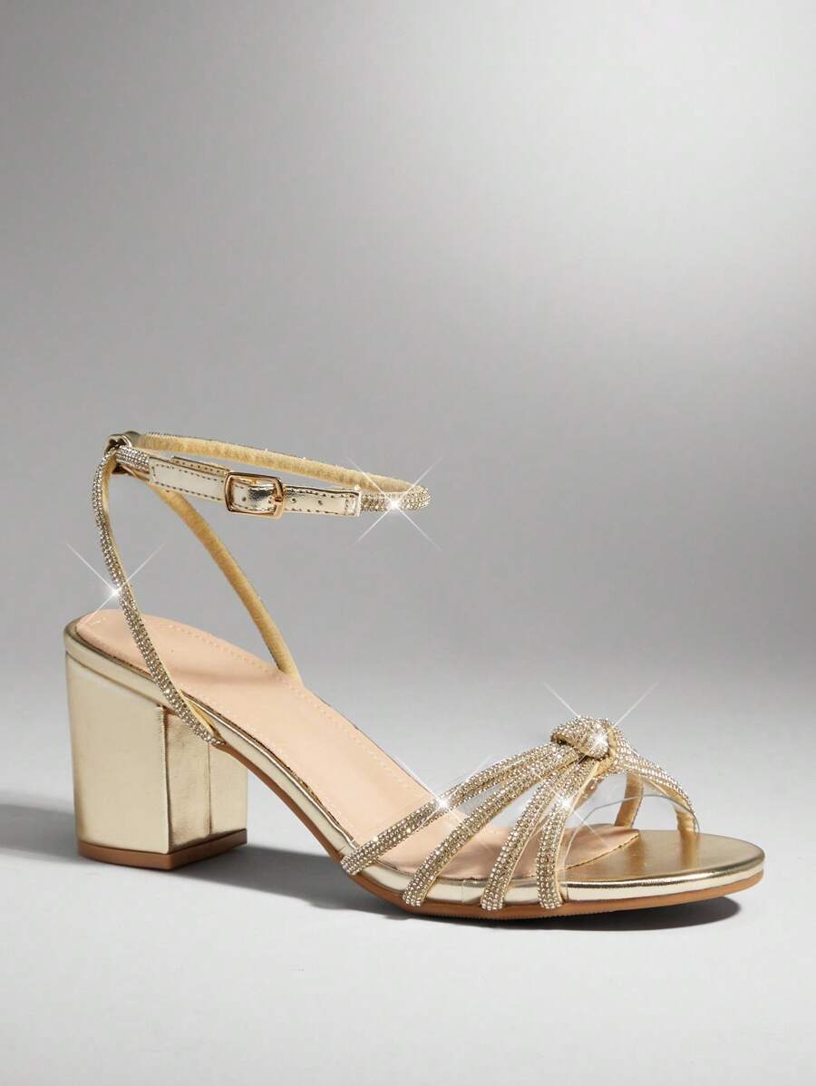 SHUZIA 女士舒适杏仁头粗跟踝带水钻派对鞋