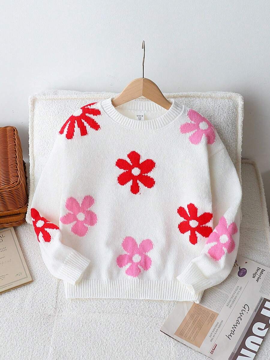 Tween Girls Floral Applique Crew Neck Thick Sweater, White, Suitable For Layering, Staying Home In Autumn/Winter Fall - White - View 1