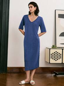 Moireta Camisón informal de verano de unicolor para mujer con adorno de encaje y abertura lateral