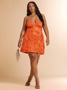 SHEIN BAE Đầm suông hở lưng màu xanh lá cây trơn gợi cảm đính kim sa lấp lánh dây mảnh thanh lịch nhỏ nhắn, thích hợp cho bãi biển, kỳ nghỉ, váy suông hở lưng, mùa hè - trái cam - Xem 4