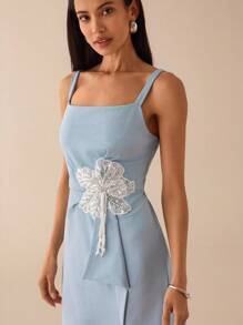 Lilora Women's Elegant 3D Flower Decor Slip Dress, Summer Powder Blue Dress Blue Wedding Guest Dress Floral Applique Dress Urban Style Urban Leisure, Romantic And Elegant, Going Out - Blue - View 6