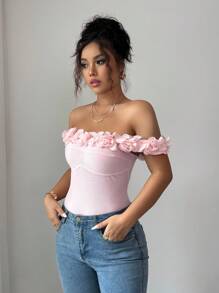 SHEIN Elenzya 女士花卉罗纹短袖紧身吊带背心，优雅浪漫，适合节日、毕业典礼、独立日 - 粉色 - 查看 4