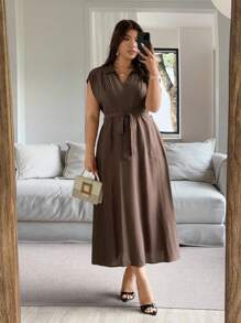 Vionelle 大码女式优雅休闲衬衫裙，立领，腰带，短袖，咖啡色，适合工作、度假、下午茶、音乐节 - 咖啡棕 - 查看 7