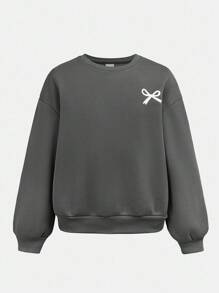 Tween Girls Casual Bow Print Knit Solid Color Loose Dropped Shoulder Long Sleeve Hoody And Wide Leg Sweatpants Set Teen Girls Clothing Sets Teen Sweatsuit Set Girls 2 Piece Outfits Tween Girls Sweatsuit Set Sweat Sets For Tweens Fall Winter - Grey - View 8