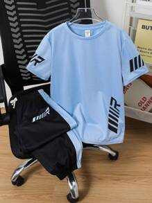 SHEIN 2-Pack Tween Boy Casual Light Blue Sports Set,Summer Streetwear Back-To-School Outfit With Pattern Splicing T-Shirt And Trousers For School Kids - Blue - View 3